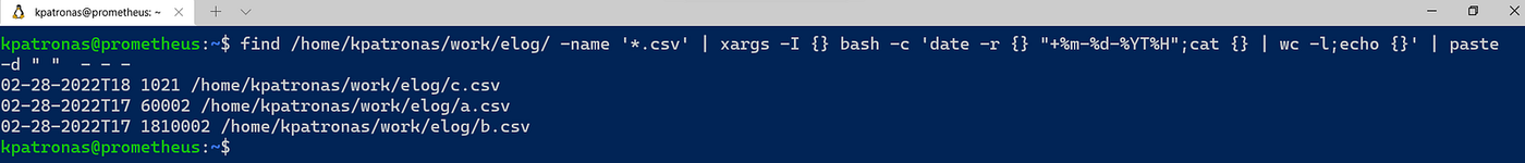 Bash: find CSV files, count their rows, and print modification time; all in one line!
